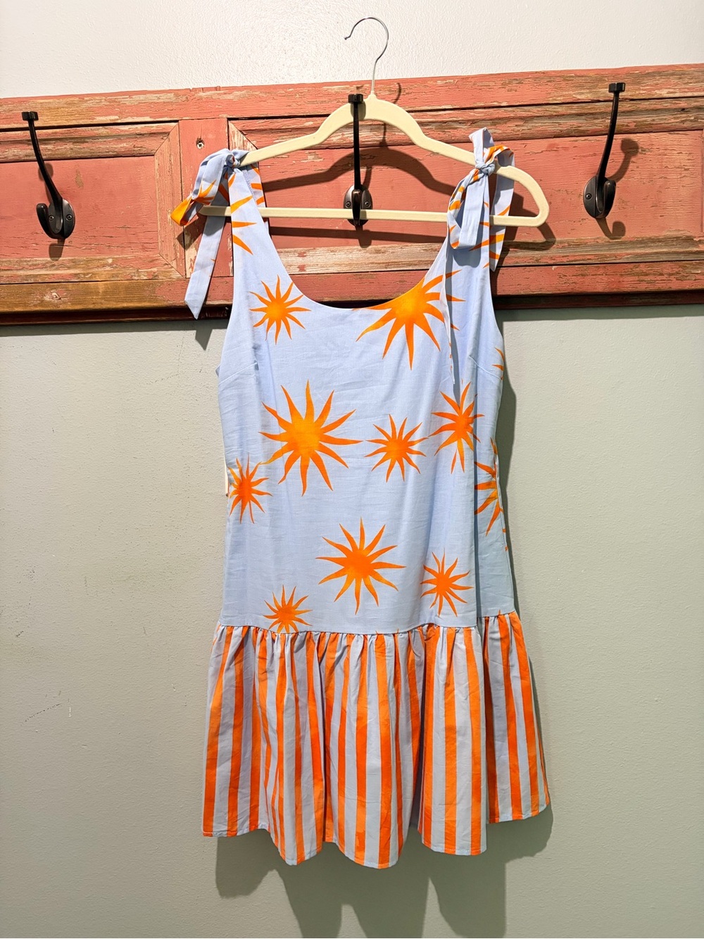 Light Blue & Orange Sun Tie-Shoulder Dress